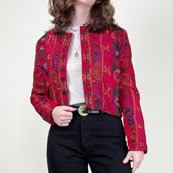 Vintage Embroidered Floral Blazer Jacket Coat Cropped Boho Chic Hippie Bohemian - Picture 7 of 7
